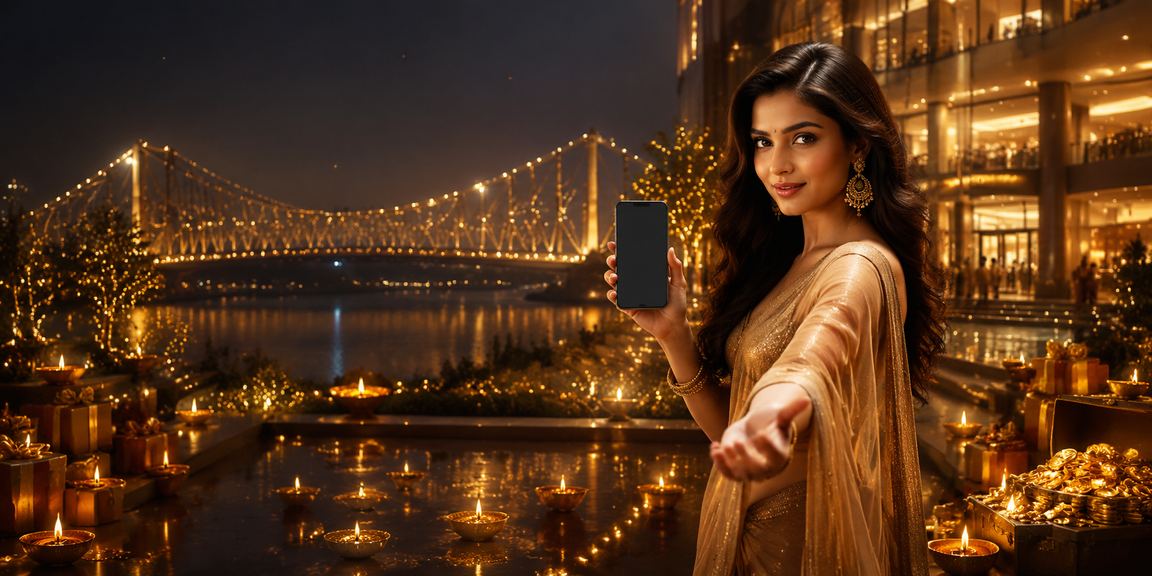 User playing Rummy on a smartphone during Diwali festival in Kolkata